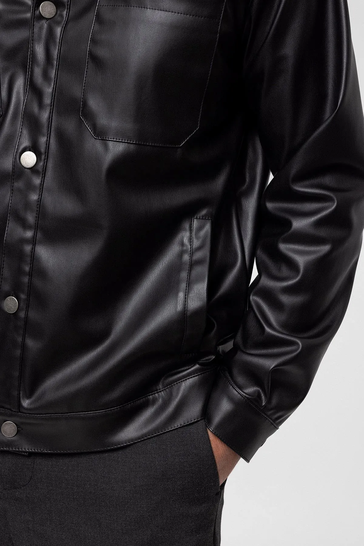 Men's Black Faux Leather  Thin Coat - Wessi