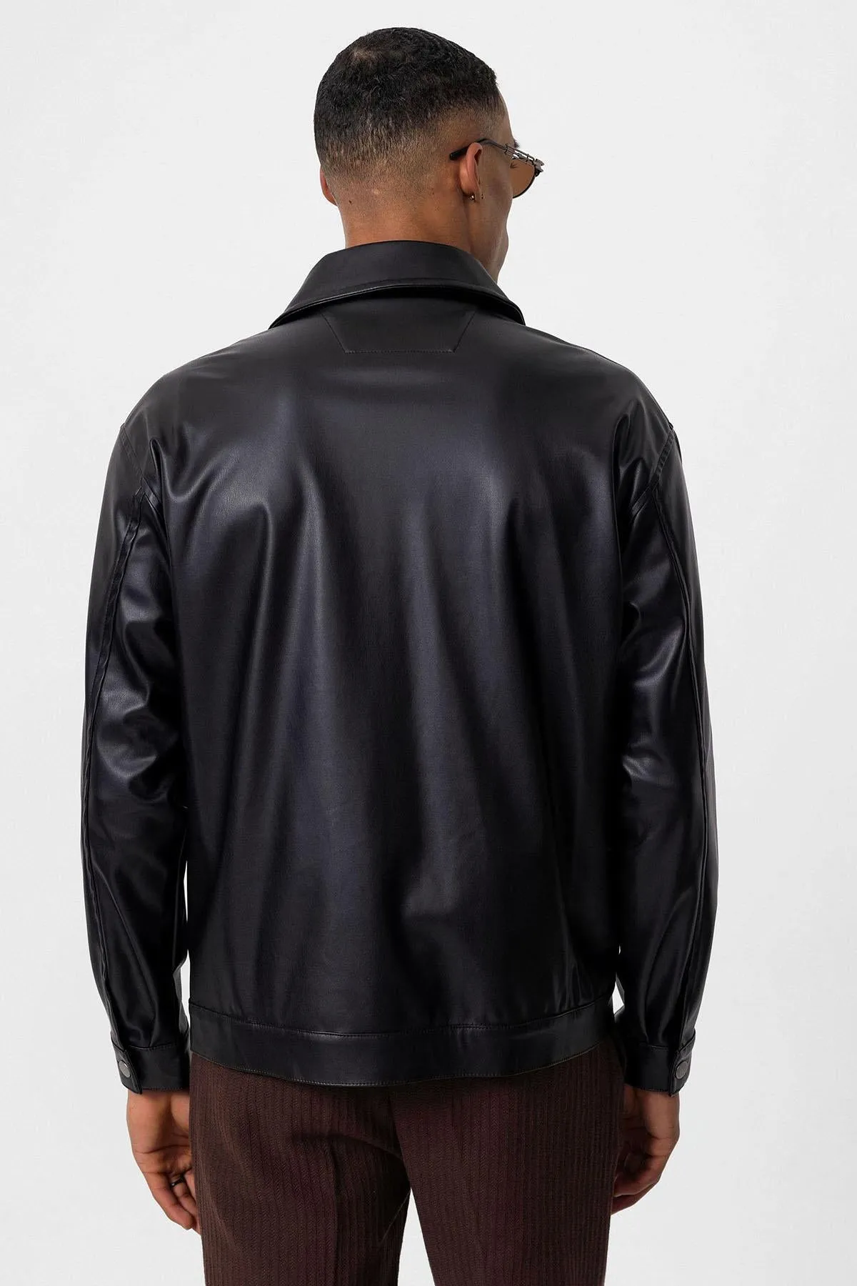 Men's Black Faux Leather  Thin Coat - Wessi
