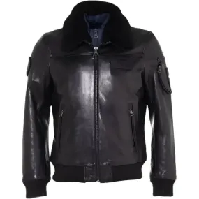 Men's Black Leather Bomber Jacket with Fur Collar - Stylish & Warm