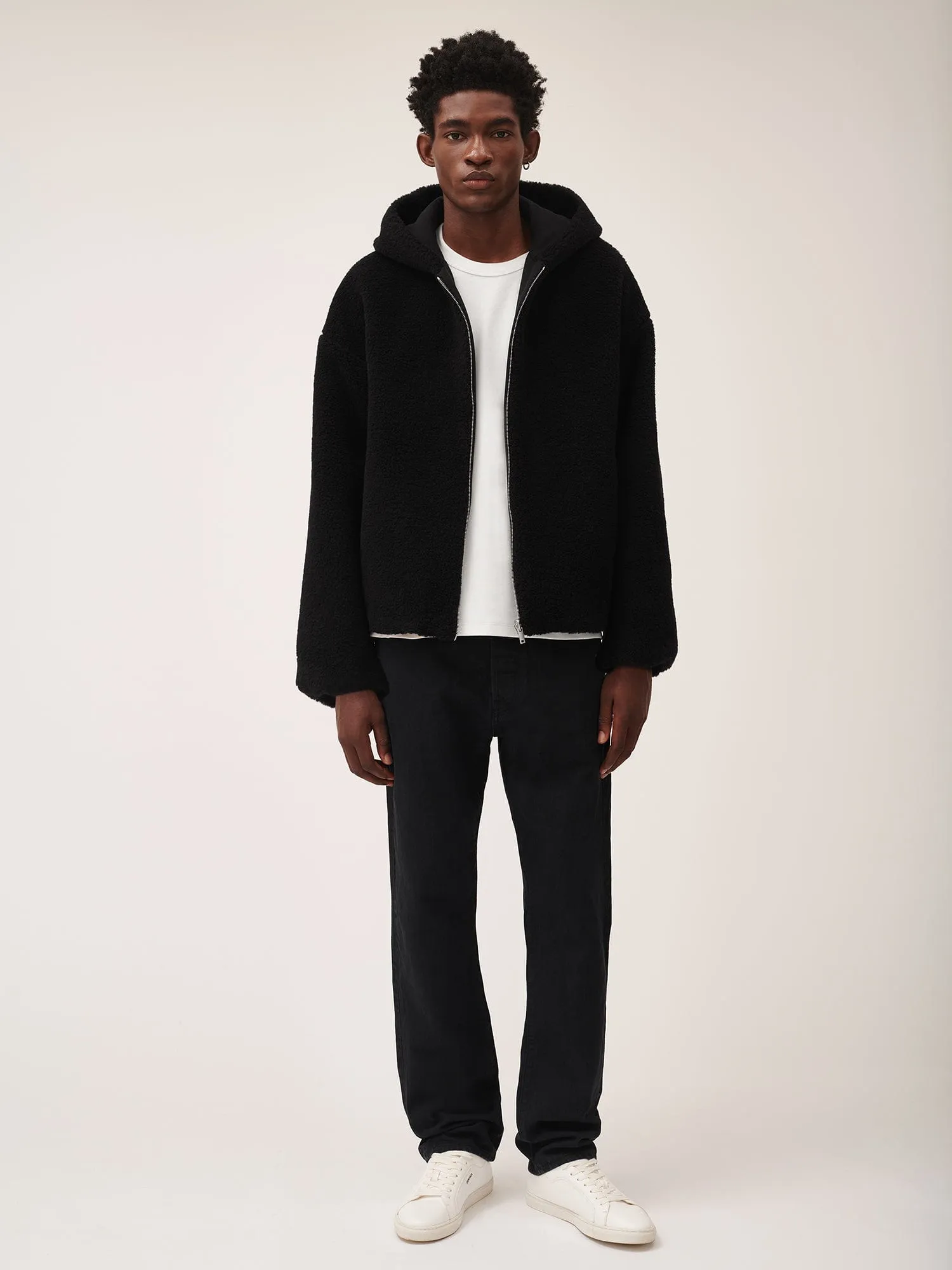 Mens Recycled Wool Fleece Reversible Bomber Jacket—black