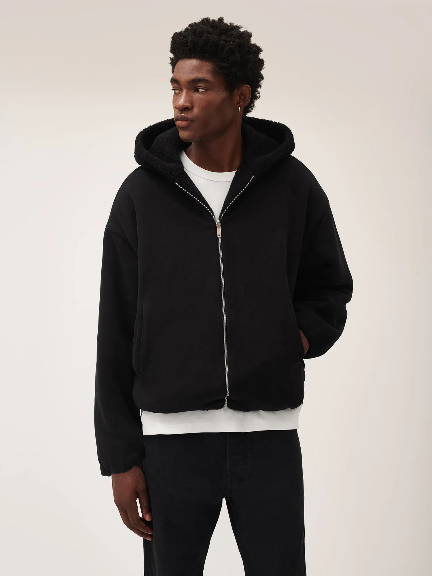 Mens Recycled Wool Fleece Reversible Bomber Jacket—black