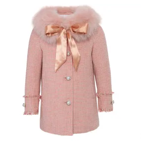 MI LOVES SIGNATURE Luxurious Wool mix kids Jacket with Removable Fox fur Collar with satin bow.