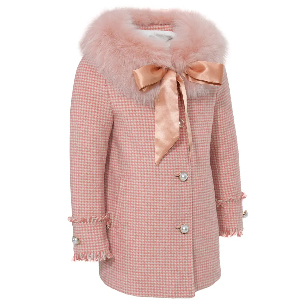 MI LOVES SIGNATURE Luxurious Wool mix kids Jacket with Removable Fox fur Collar with satin bow.