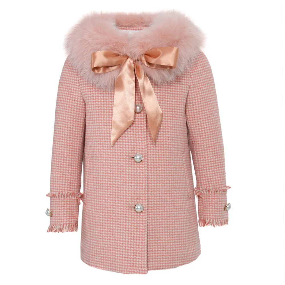 MI LOVES SIGNATURE Luxurious Wool mix kids Jacket with Removable Fox fur Collar with satin bow.