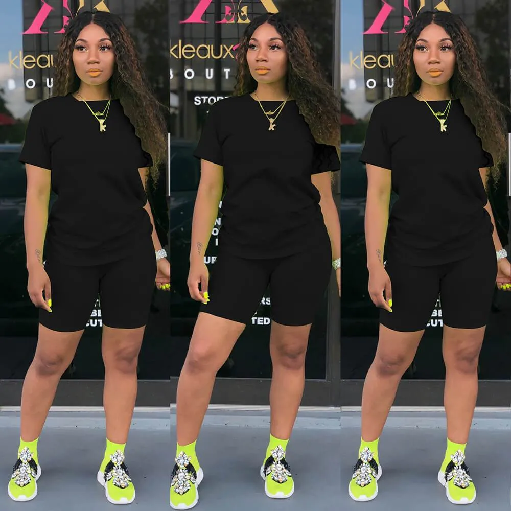 Plain Short Sleeve Blouse Short Pants Sets