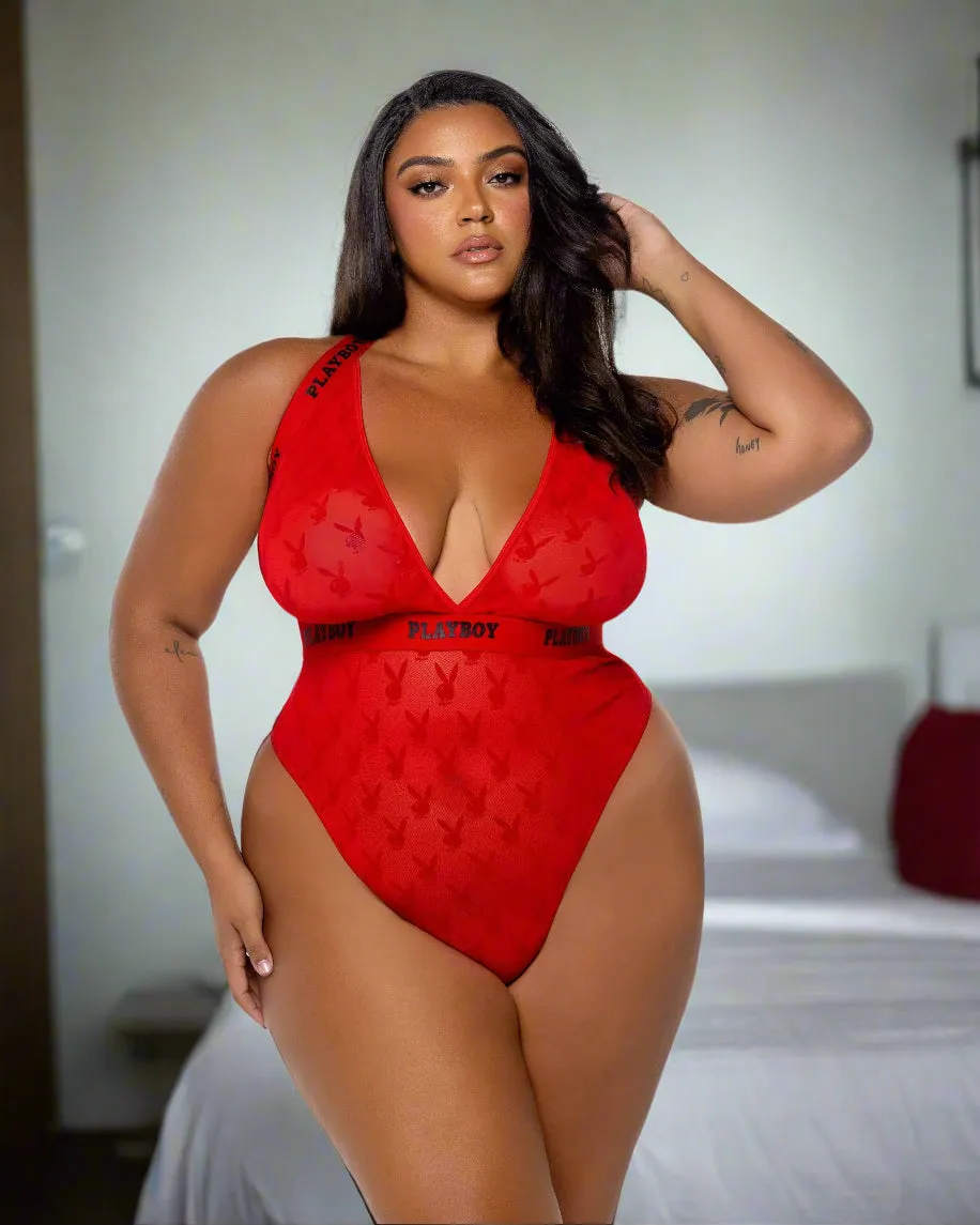 Playboy Bunny Red Rouge Sheer Thong Teddy Lingerie