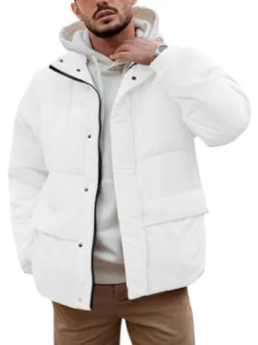 Runcati Mens Puffer Jacket Full Zip Quilted Snap On Stand Collar Padded Winter Outwear Coat