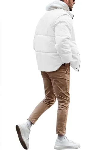 Runcati Mens Puffer Jacket Full Zip Quilted Snap On Stand Collar Padded Winter Outwear Coat