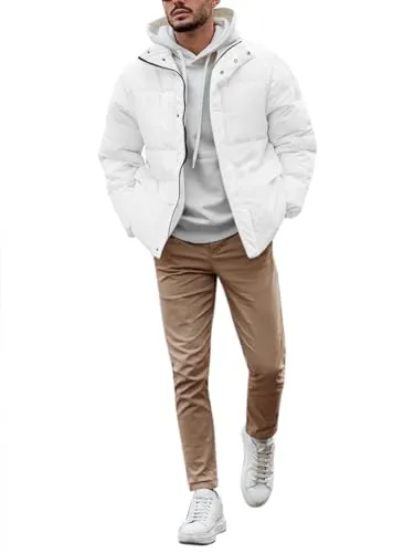 Runcati Mens Puffer Jacket Full Zip Quilted Snap On Stand Collar Padded Winter Outwear Coat