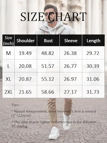 Runcati Mens Puffer Jacket Full Zip Quilted Snap On Stand Collar Padded Winter Outwear Coat
