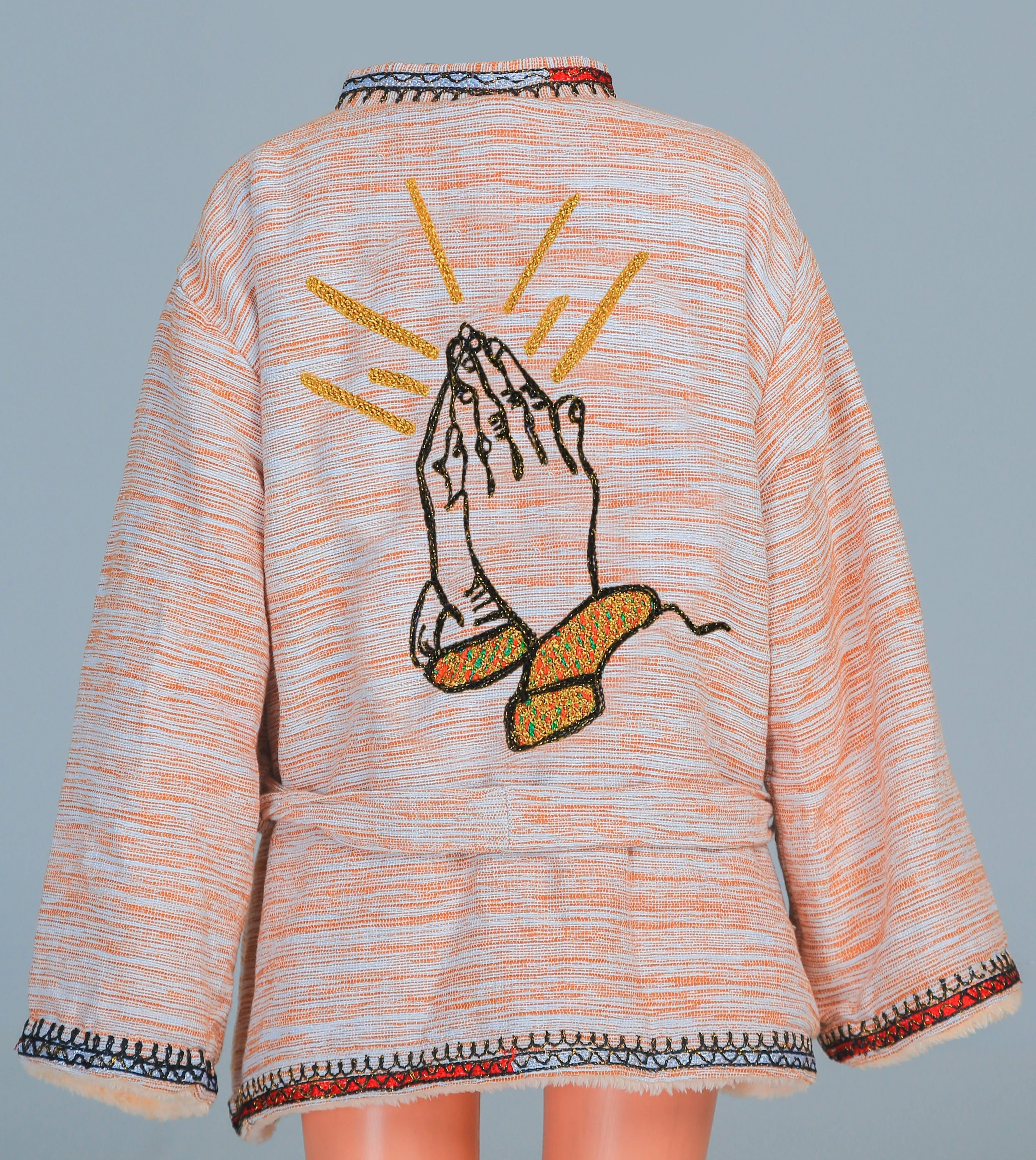 Short Collar Praying Hands Embroidery Handmade Cotten Night Robe