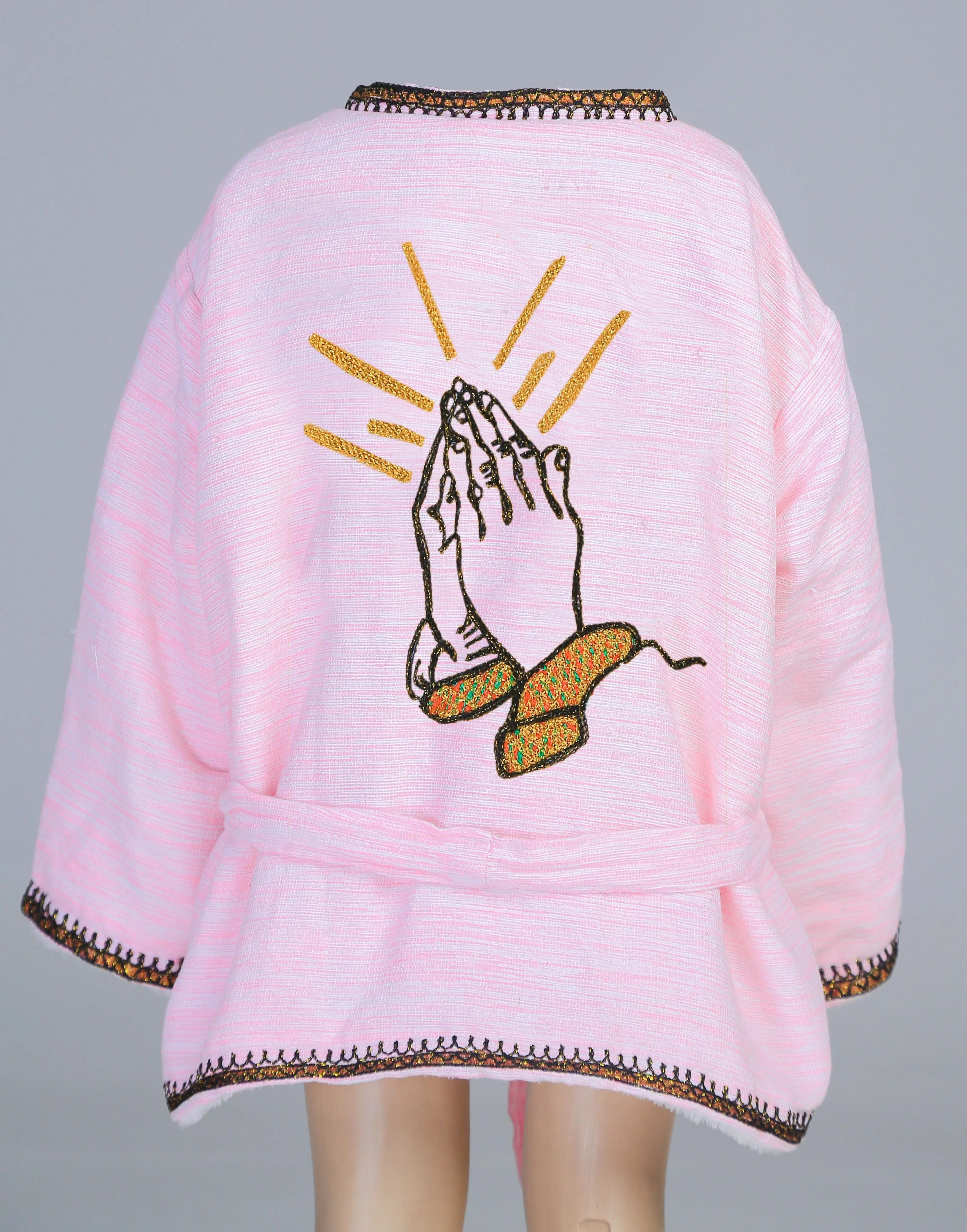 Short Collar Praying Hands Embroidery Handmade Cotten Night Robe