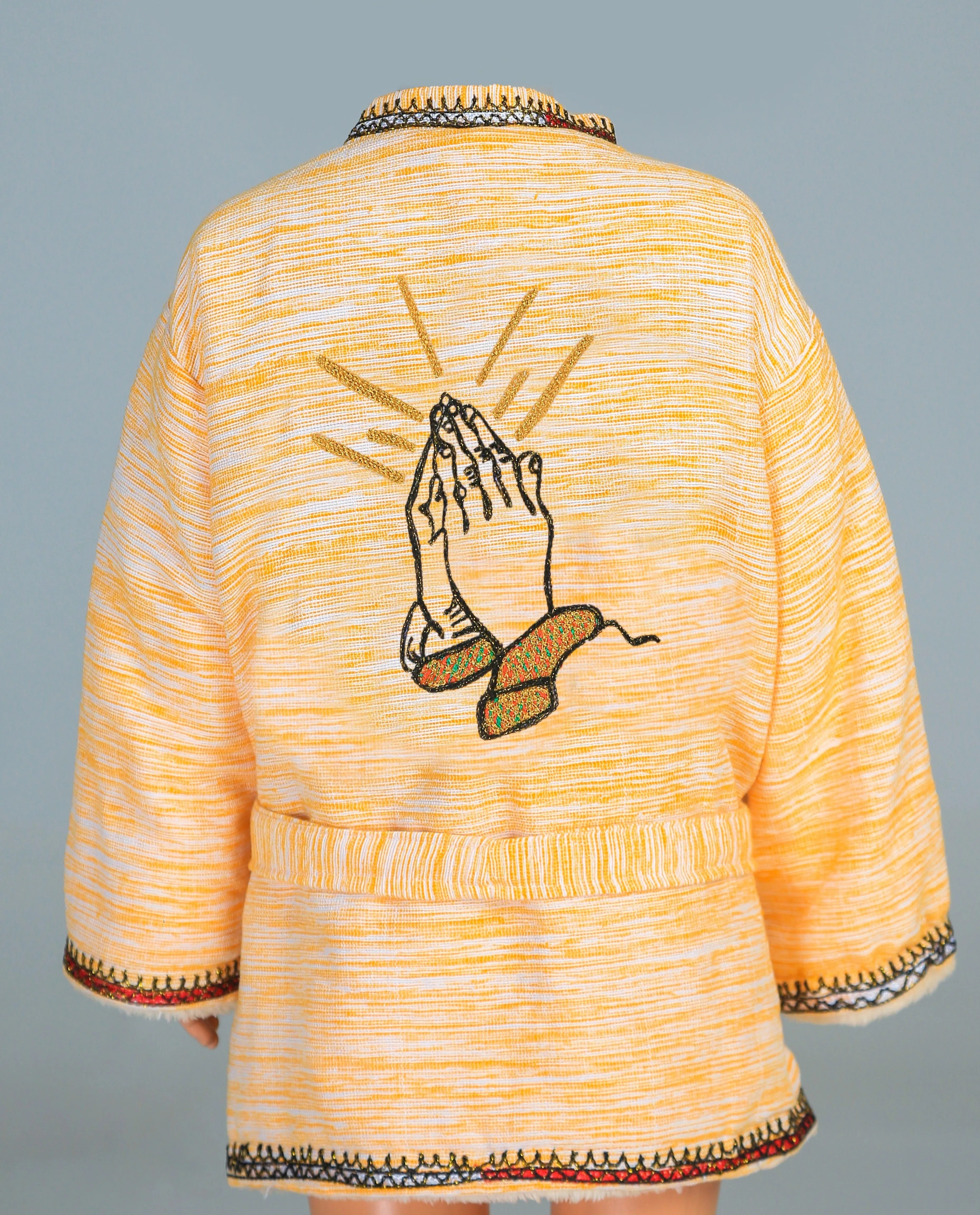 Short Collar Praying Hands Embroidery Handmade Cotten Night Robe