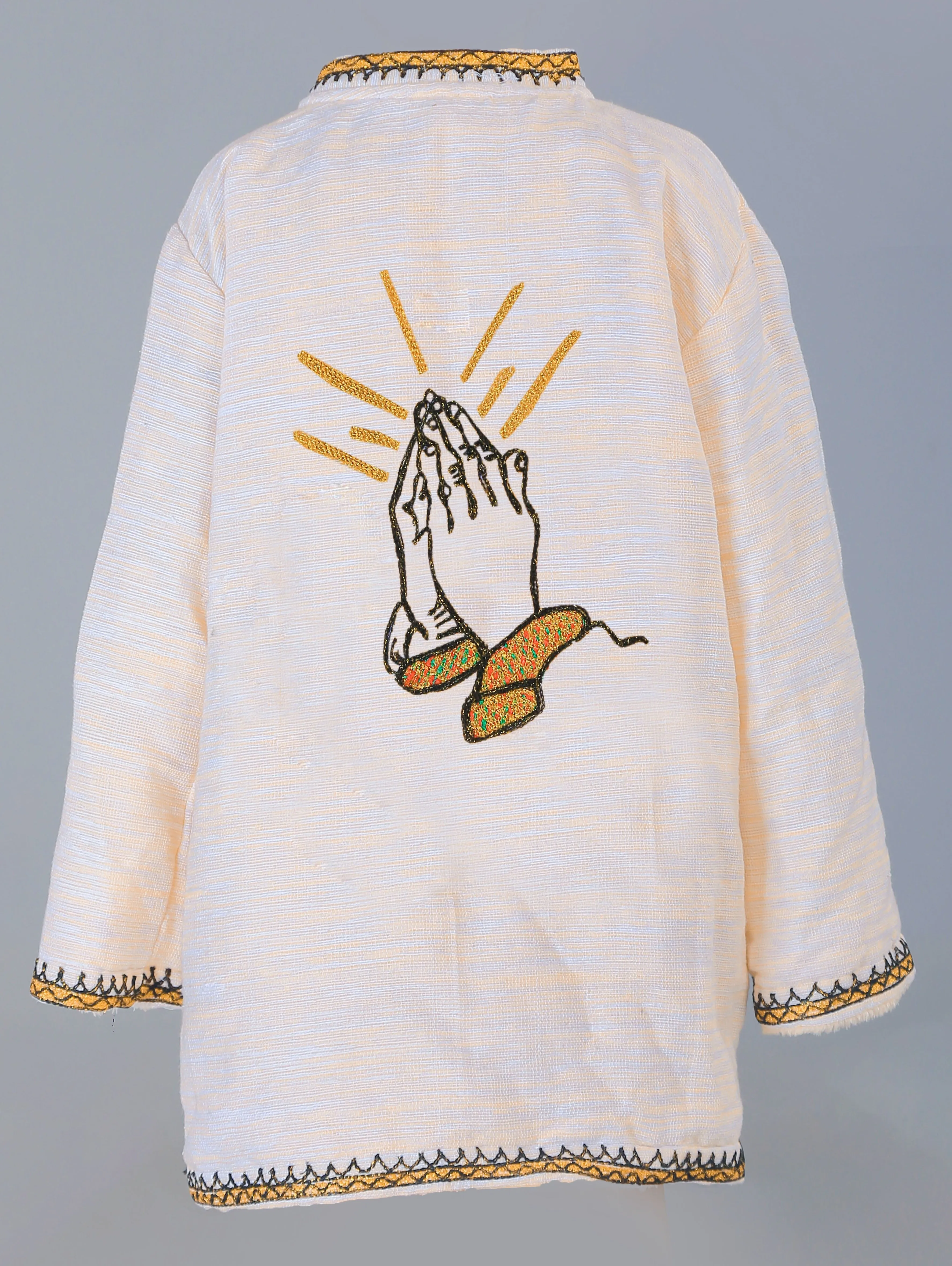 Short Collar Praying Hands Embroidery Handmade Cotten Night Robe