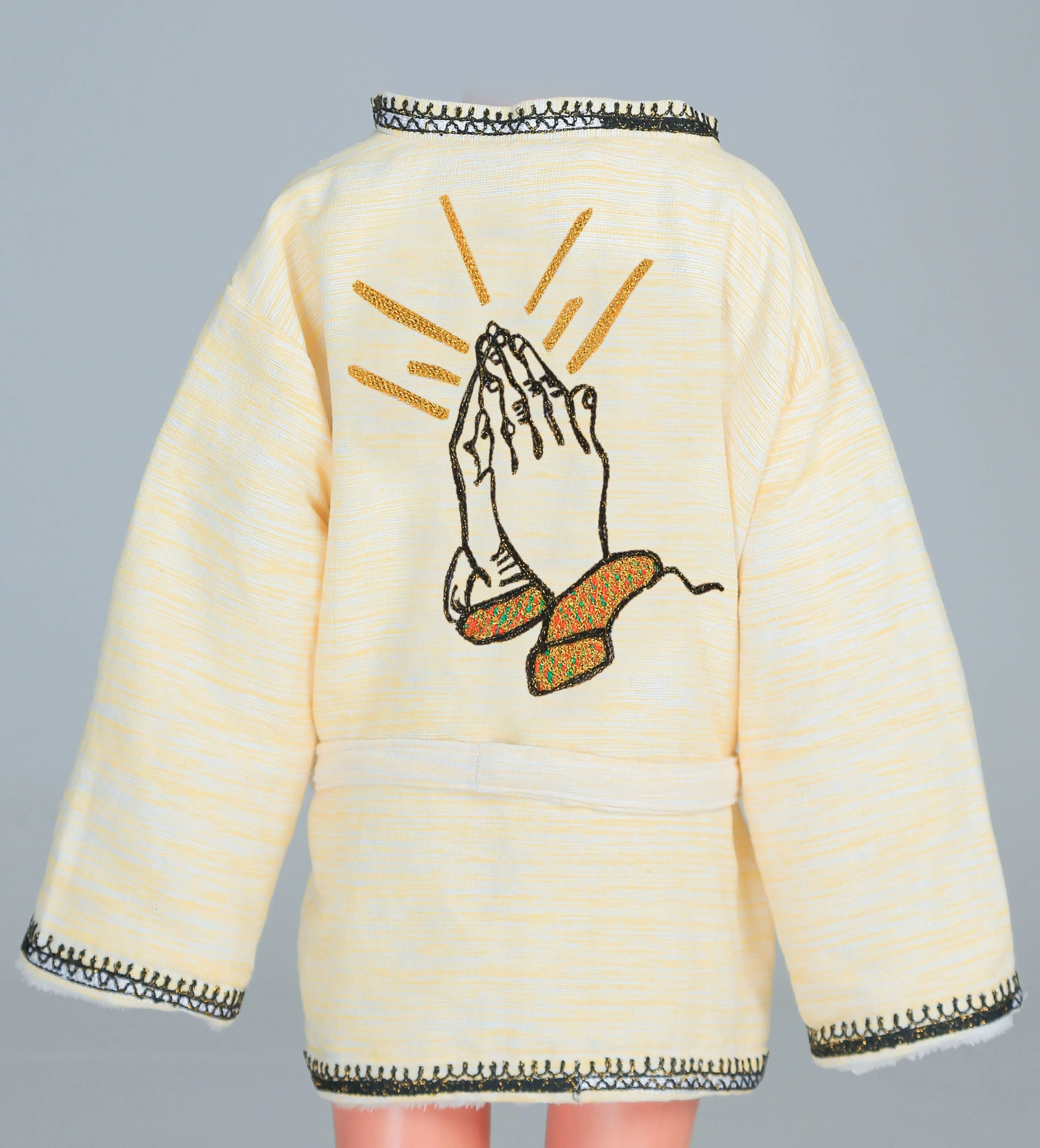 Short Collar Praying Hands Embroidery Handmade Cotten Night Robe