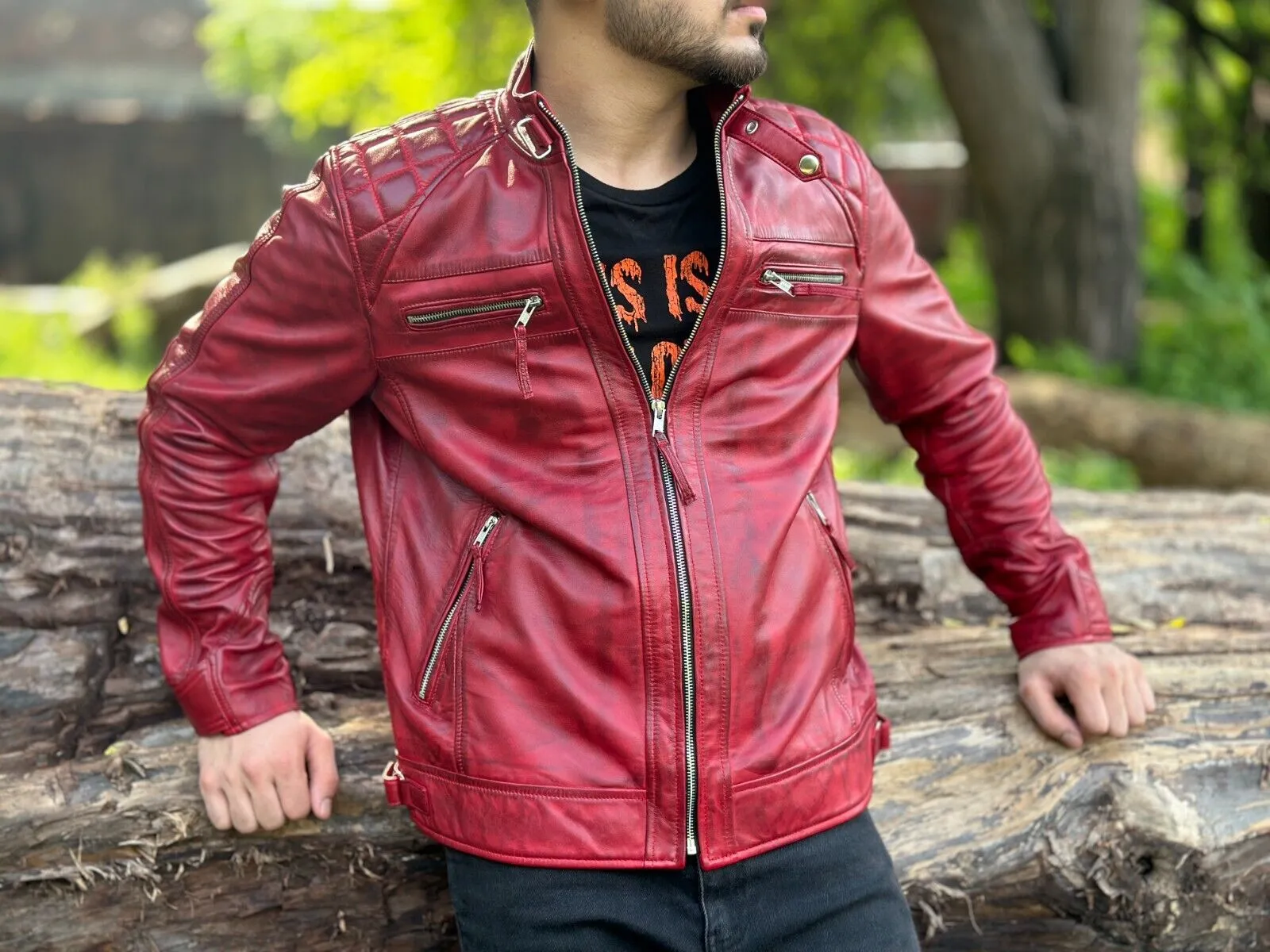 Stan Genuine Real Leather Jacket Men Red Biker Motorcycle