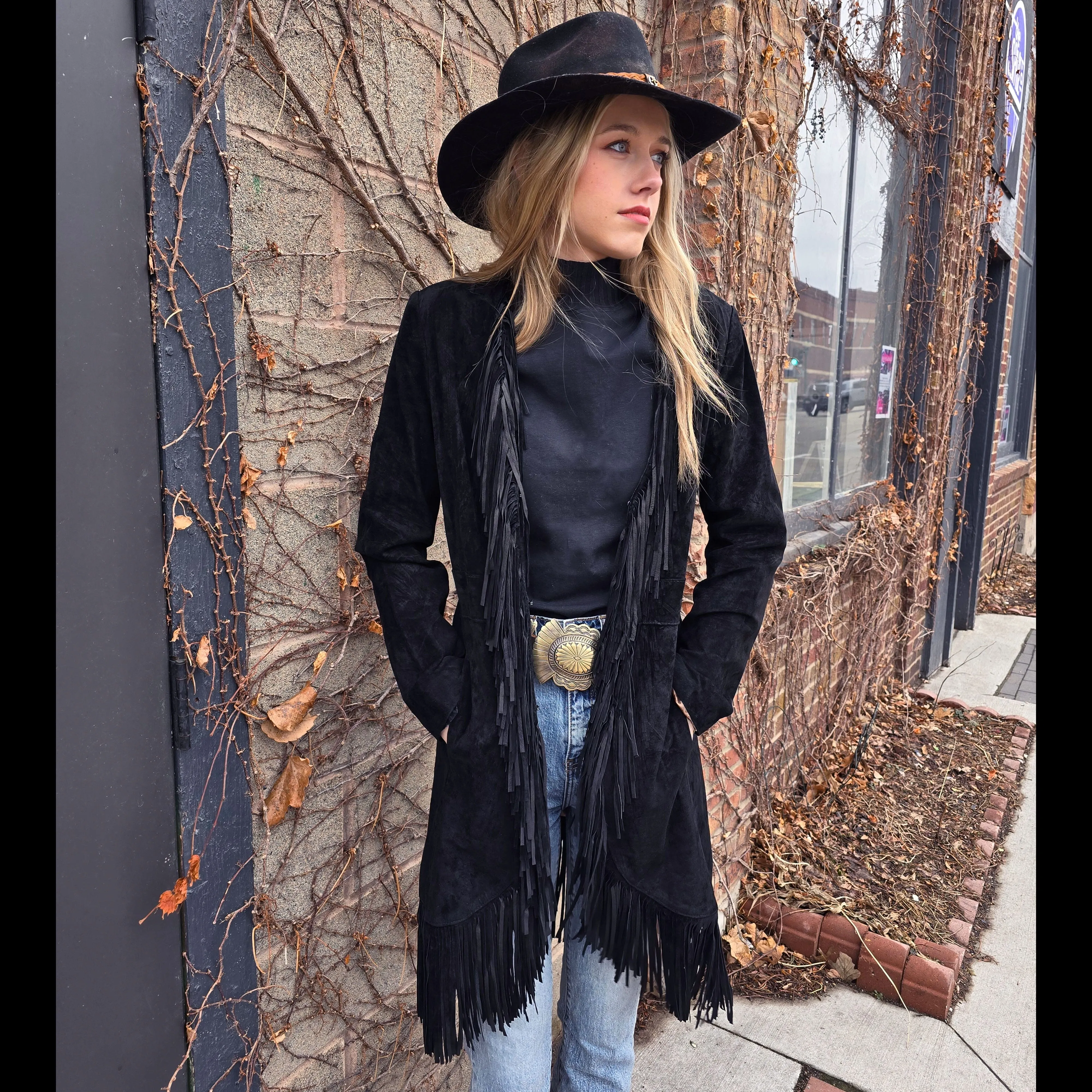 Suede Fringed Coat - Black - Scully - JSY2B