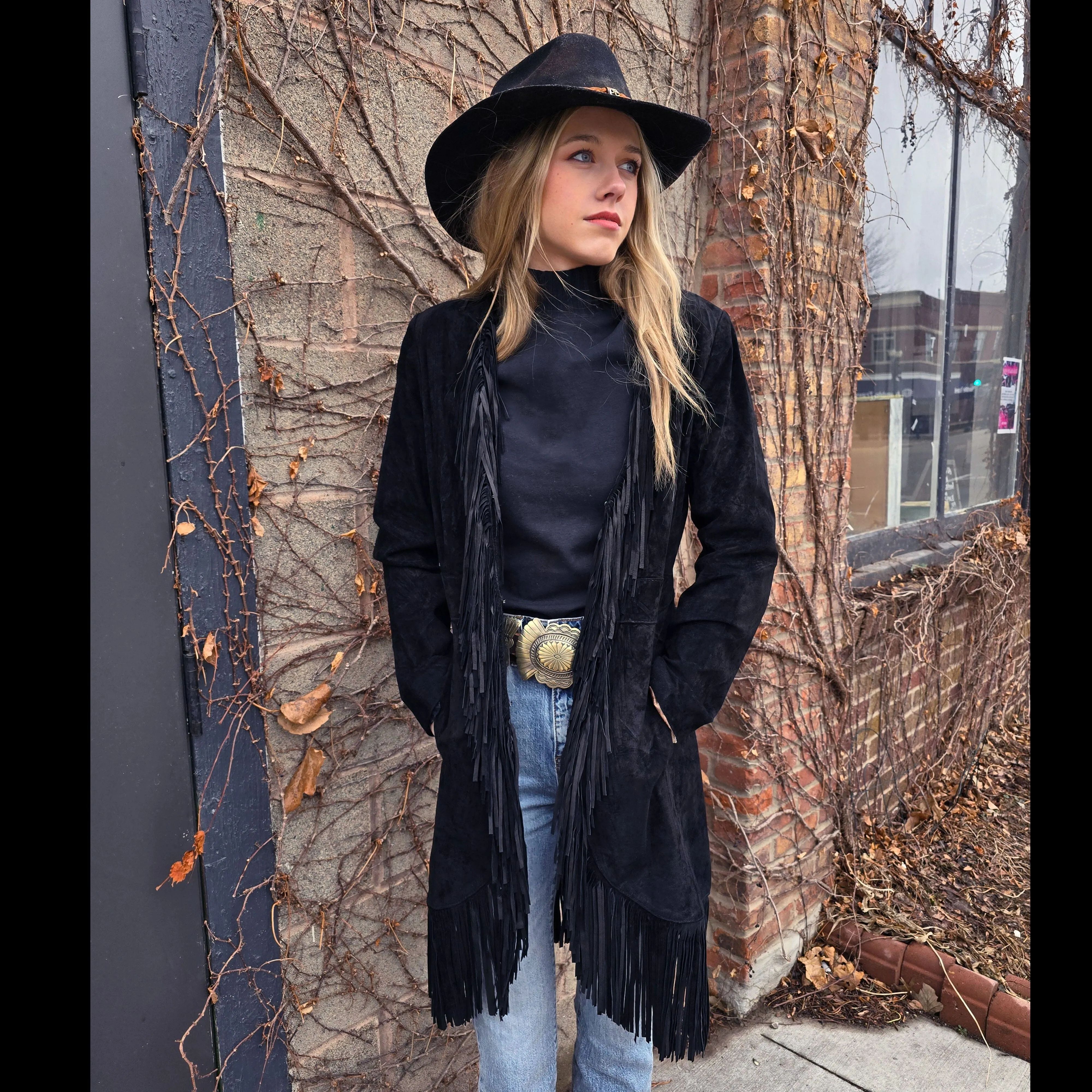 Suede Fringed Coat - Black - Scully - JSY2B