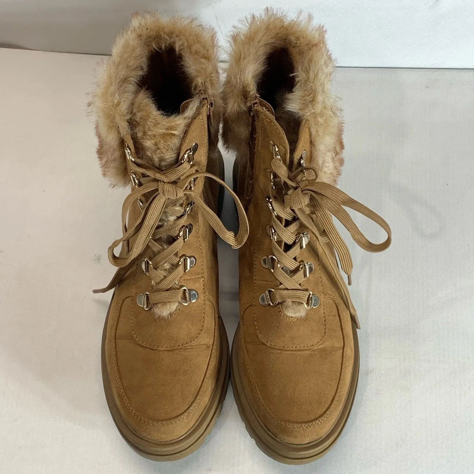 SUN STONE Women's Tan Orlaa Faux-Fur Cold Weather Lug Sole Boots SZ 8
