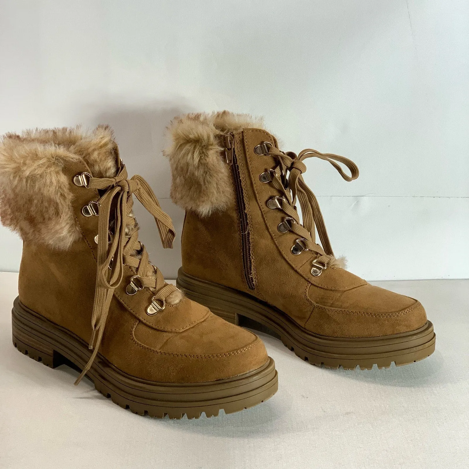 SUN STONE Women's Tan Orlaa Faux-Fur Cold Weather Lug Sole Boots SZ 8