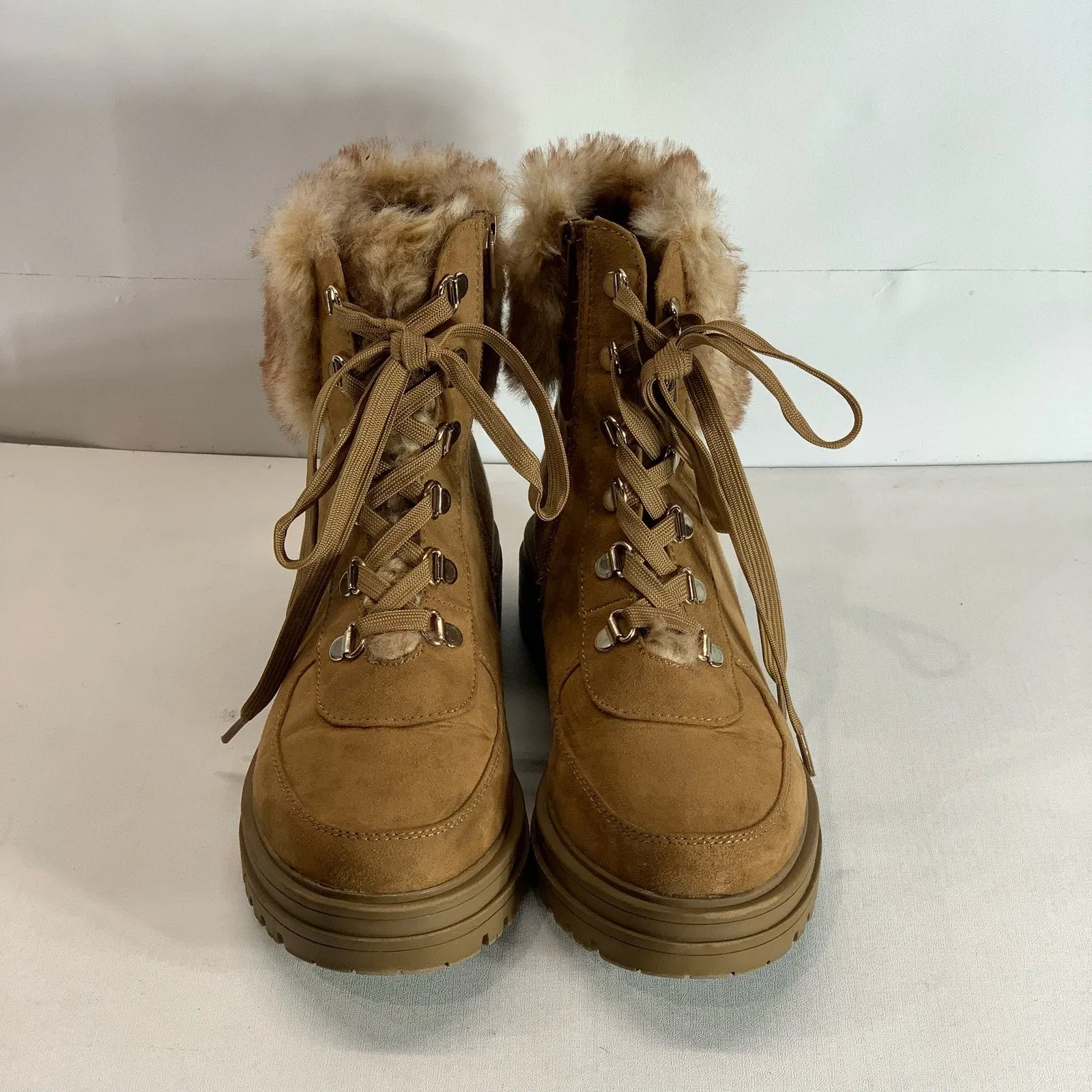 SUN STONE Women's Tan Orlaa Faux-Fur Cold Weather Lug Sole Boots SZ 8