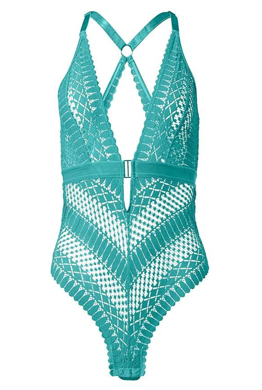 Tropic Green Floral Lace Plunge Bodysuit