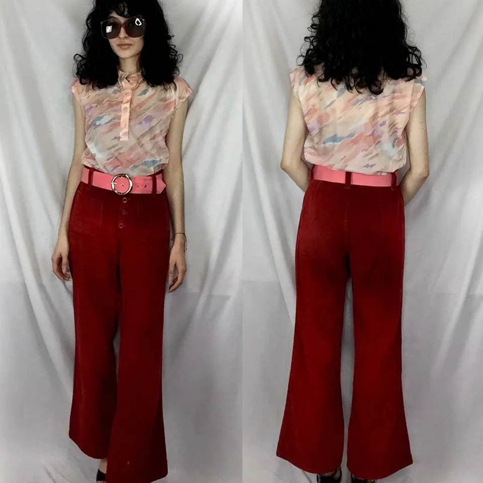 VTG 70s Bellbottom Corduroy Pants Mod High Waisted Boho Hippie Wide Leg 29 x 29
