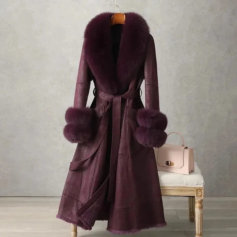 Winter Upscale Imitation Rabbit Skin Skin Hair One Body Women Coat Over the Knee Imitation Fox Fur Collar Lady Slim Fit Coats