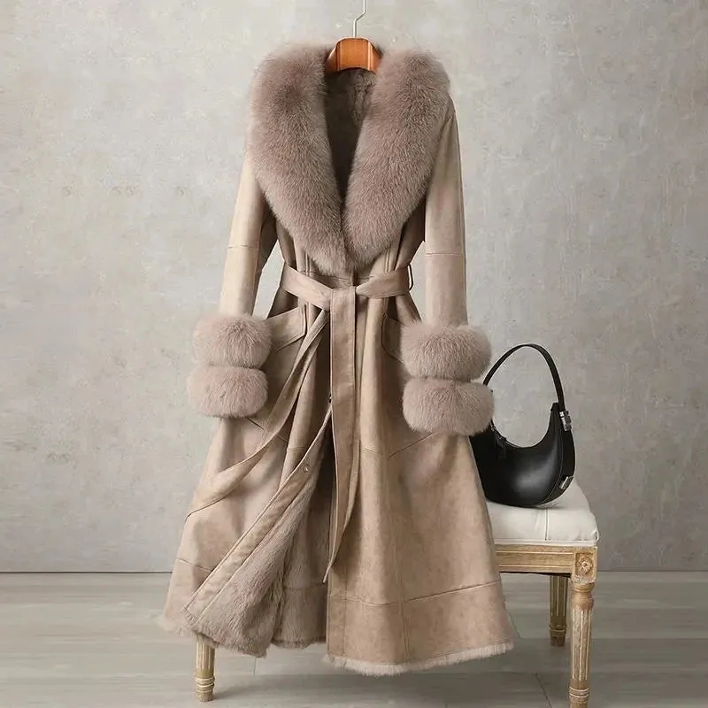 Winter Upscale Imitation Rabbit Skin Skin Hair One Body Women Coat Over the Knee Imitation Fox Fur Collar Lady Slim Fit Coats