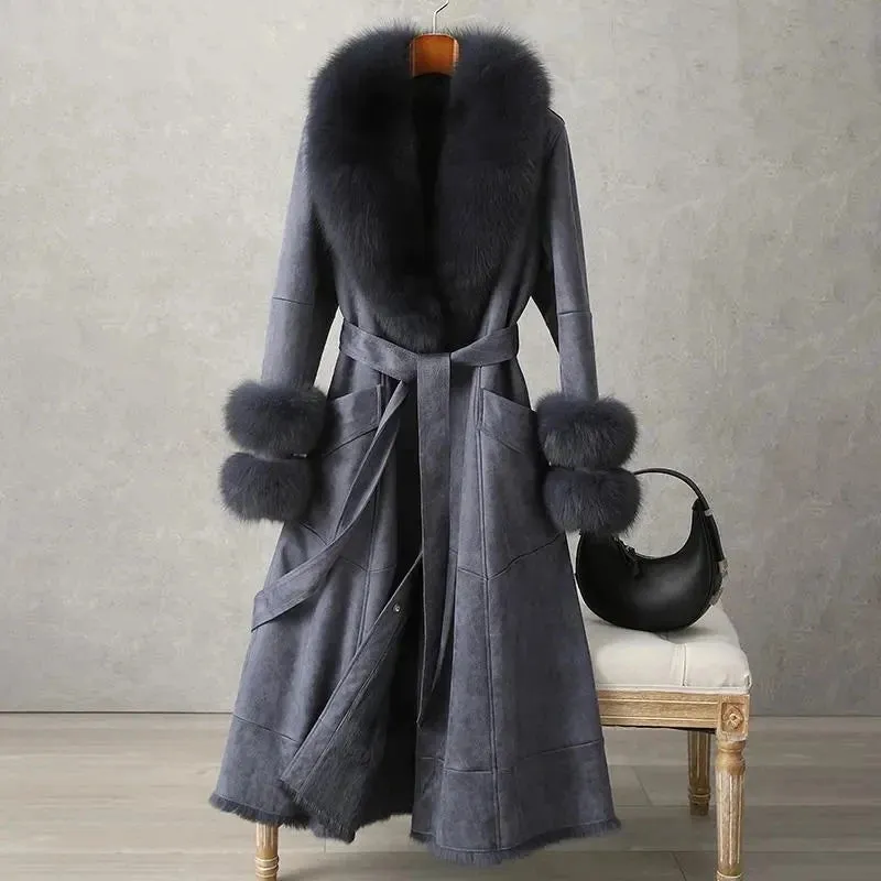 Winter Upscale Imitation Rabbit Skin Skin Hair One Body Women Coat Over the Knee Imitation Fox Fur Collar Lady Slim Fit Coats
