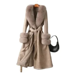 Winter Upscale Imitation Rabbit Skin Skin Hair One Body Women Coat Over the Knee Imitation Fox Fur Collar Lady Slim Fit Coats