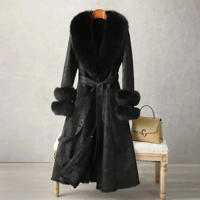 Winter Upscale Imitation Rabbit Skin Skin Hair One Body Women Coat Over the Knee Imitation Fox Fur Collar Lady Slim Fit Coats