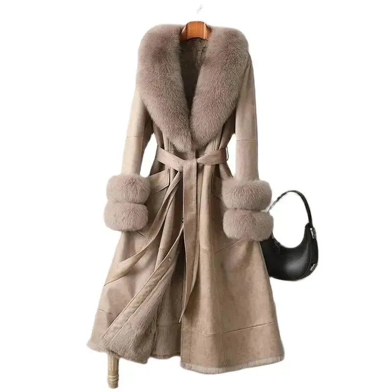 Winter Upscale Imitation Rabbit Skin Skin Hair One Body Women Coat Over the Knee Imitation Fox Fur Collar Lady Slim Fit Coats