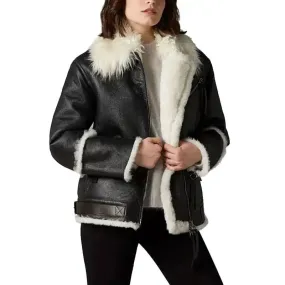 Women's Black Leather Jacket with Ivory Shearling Fur – Stylish & Warm