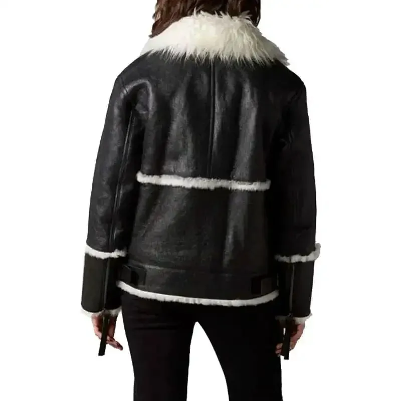 Women's Black Leather Jacket with Ivory Shearling Fur – Stylish & Warm